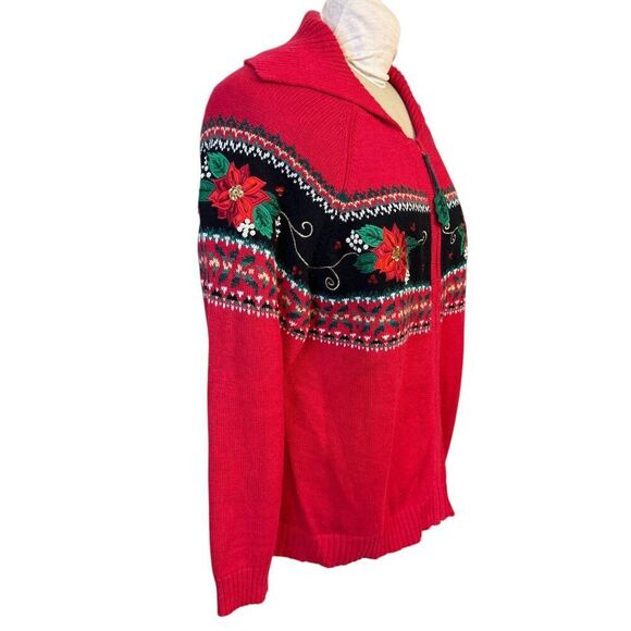 Dress Barn Holiday Cardigan Full Zip Embroidery Poinsettias Plus 1X Vtg - Picture 5 of 15